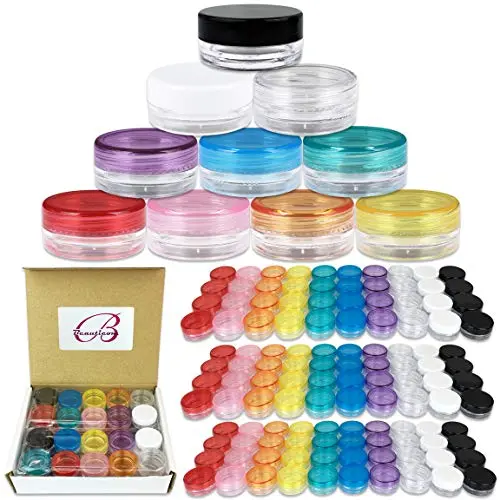 Beauticom 200 Stück 3g/3ml Leere Klare Behälter Gläser mit Farbverschlüssen für Puder, Make-up, Creme, Lotion, Lippenbalsam/Gloss, Kosmetikproben