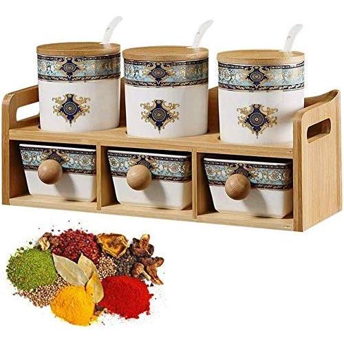 KJRJT Porcelain Ceramic Seasoning Box Set Include 3 Storage Container Condiment Jars with Lid and Spoon,3 Salt Pot Kitchen Supplies with Wooden Shelf