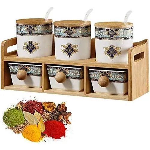 KJRJT Porcelain Ceramic Seasoning Box Set Include 3 Storage Container Condiment Jars with Lid and Spoon,3 Salt Pot Kitchen Supplies with Wooden Shelf KJRJT Porcelain Ceramic Seasoning Box Set Include 3 Storage Container Condiment Jars with Lid and Spoon,3 Salt Pot Kitchen Supplies with Wooden Shelf