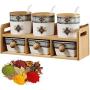 KJRJT Porcelain Ceramic Seasoning Box Set Include 3 Storage Container Condiment Jars with Lid and Spoon,3 Salt Pot Kitchen Supplies with Wooden Shelf