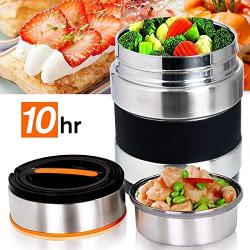 Vacuum Insulated Lunch Box Stainless Steel Food Jar 2 Tiers Food Container Food Carriers Thermal Lunch Container Food Storage Box 1.4L Holding Time 6hr 7x5’’(Random Black or Orange Color)