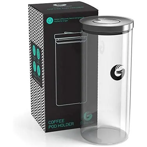 Kaffee Gator Glas Aufbewahrungskaraffe – Präsentationsglas für Kaffeebohnen und -gemahlene Kaffeebohnen mit Pop and Lock Deckel – 45 oz, 35 Nespresso Pods (Glas)