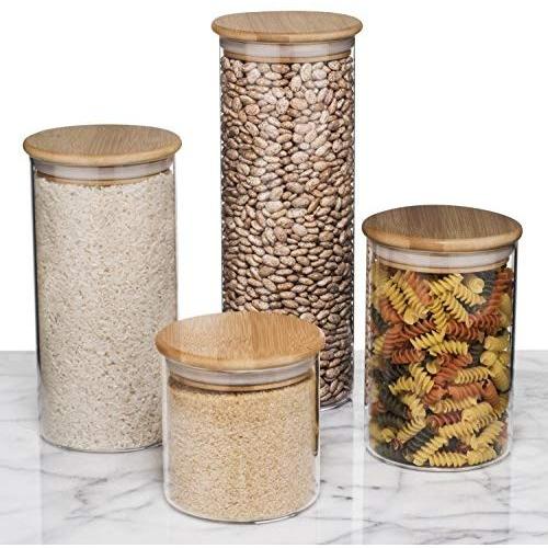 Glass Food Storage Containers with Lids by Sweetzer and Orange - Set of 4 Kitchen Canisters - Candy, Cookie, Rice and Spice Jars - Sugar or Flour Container - Big and Small Airtight Food Jar for Pantry