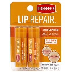 OKeeffes Unscented Lip Repair Lip Balm for Dry, Cracked Lips, Stick, Twin Pack