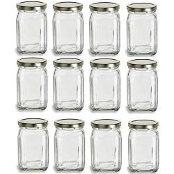 Nakpunar Victorian Square Glass Jars with Plastisol Lined Lids (12 fl oz, Gold)