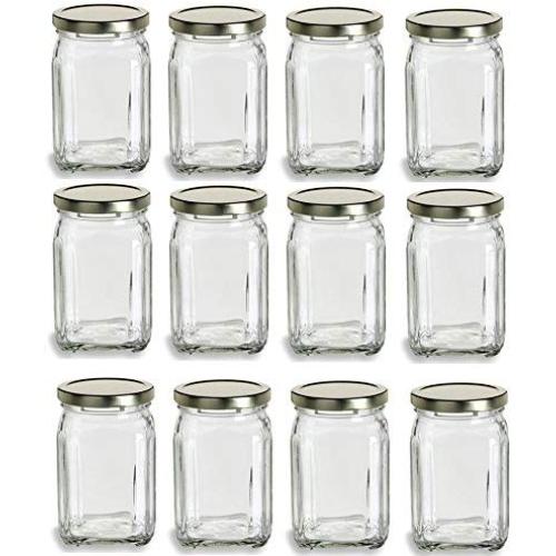 Nakpunar Victorian Square Glass Jars with Plastisol Lined Lids (12 fl oz, Gold)