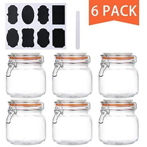 Encheng 25 oz Glass Jars With Airtight Lids And Leak Proof Rubber Gasket,Wide Mouth Mason Jars With Hinged Lids For Kitchen Canisters 750ml, Glass Storage Containers 6 Pack …