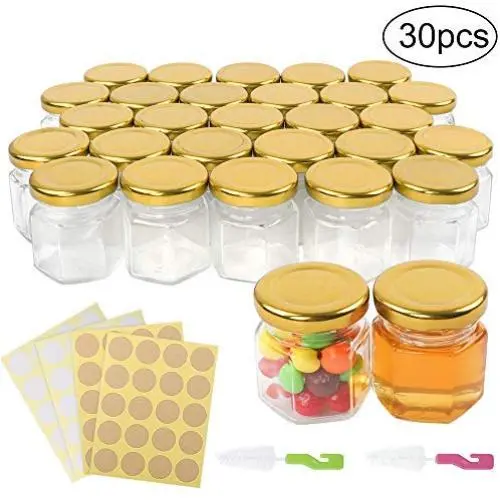 Superlele 30 Stück 1,5 oz Mini Hexagon Glasbehälter Honigflasche mit 4 Aufkleberfolien, 2 Pinsel für Party, Honig, Gewürze und Küchenzubehör Aufbewahrung