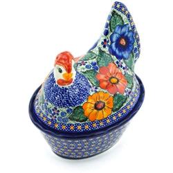 Polish Pottery 7?-inch Hen Shaped Jar (Bold Pansy Theme) Signature UNIKAT + Certificate of Authenticity