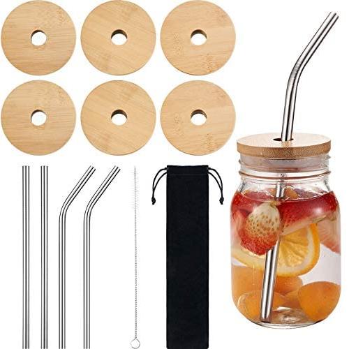6 Sets Deckel für Glasbehälter mit Strohlöcher, Kompatibel mit Mason Jar, 4 Stück Wiederverwendbarer Edelstahl Strohhalme, Reinigungsbürste und Beutel für den Trinkgebrauch
