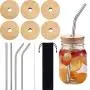 6 Sets Jar Lids with Straw Hole, Regular Mouth Bamboo Jar Lids Compatible with Mason Jar and 4 pieces Reusable Stainless Steel Straw, Cleaning Brush and Bag for Drinking