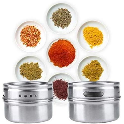 vivaBKK Magnetic Stainless Steel Spice Pot Herb Seasoning Jar Storage Kitchen Transparent Lid Tins Set of 12 pcs