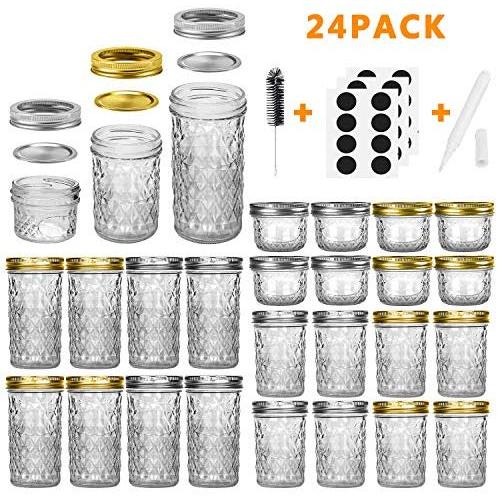 Mason Jars Canning Jars, 24 Pack Jelly Jars With Regular Lids, Ideal for Jam, Honey, Wedding Favors, Shower Favors, Baby Foods, DIY Magnetic Spice Jars - 4 OZ x 8, 8 OZ x 8, 12 OZ x 8 (4oz -8oz-12oz)