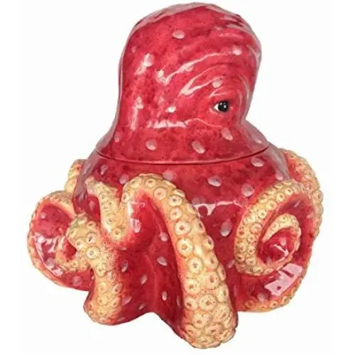 Blauer Himmel Keramik Oliven-Roter Kraken-Keksdose (12,5 x 12,5 x 10 cm)