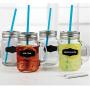 Circleware Yorkshire Mason Jar Drinking Mugs with Glass Handles, Fun Chalkboard, Metal Lids and Hard Plastic Blue Straws, Set of 4, 17.5 ounce, Clear