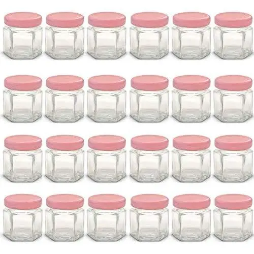 1.5 oz Hexagon Mini Glass Jars with RED Lids and Labels (Pack of 24) 1.5 oz Hexagon Mini Glass Jars with RED Lids and Labels (Pack of 24)