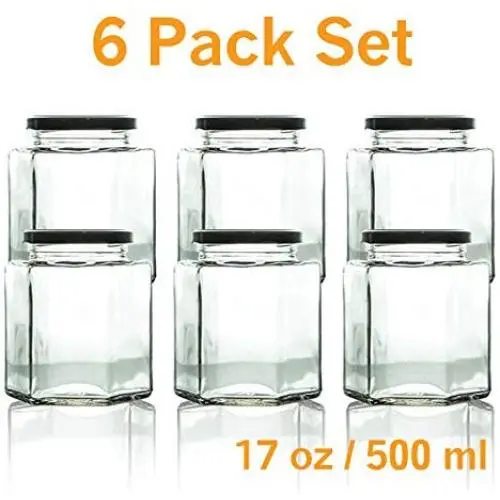 Goldwell Designs Hexagon Glass Jar/Spice Jar 500ml / 17oz - 6 Piece Set