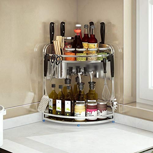 Double Layers Kitchen Spice Rack, Stainless Steel Kitchen Countertop Corner Spice Rack Seasoning Jar Storage Organizer Shelf for Jars Spice Bottle