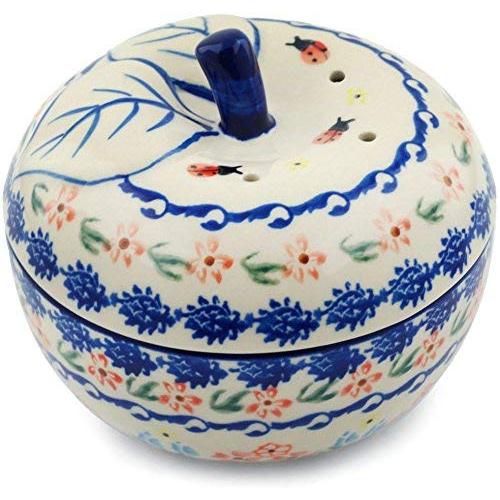 Polish Pottery 5?-inch Apple Shaped Jar (Fanciful Ladybug Theme) + Certificate of Authenticity