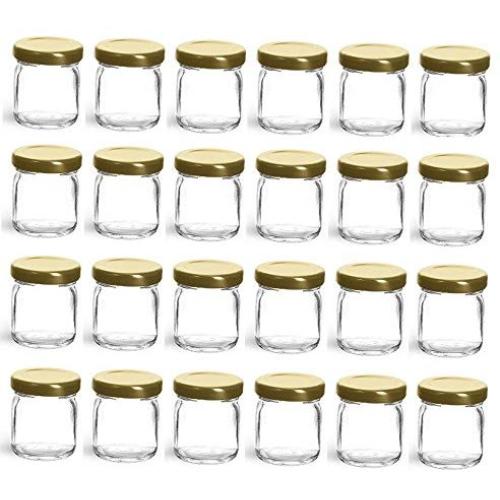 Nakpunar 24 pcs, 1.5 oz Mini Glass Jars with Gold Lids - Made in USA - For Jam, Honey, Wedding Favors, Shower Favors