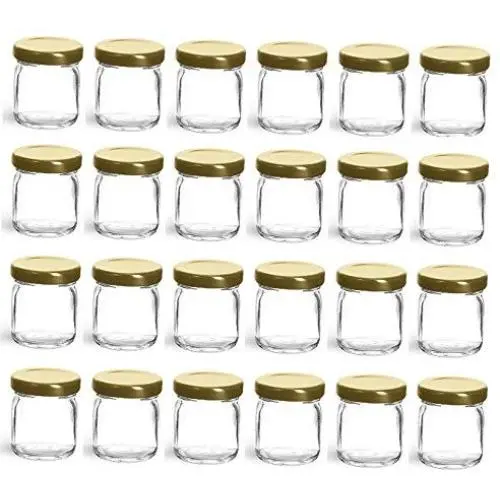 Bocal en verre miniature de 24 pièces, 1,5 oz, avec couvercle doré – Fabriqué aux États-Unis – Idéal pour les confitures, le miel, les cadeaux de mariage, les cadeaux de douche. Bocal en verre miniature de 24 pièces, 1,5 oz, avec couvercle doré – Fabriqué aux États-Unis – Idéal pour les confitures, le miel, les cadeaux de mariage, les cadeaux de douche.