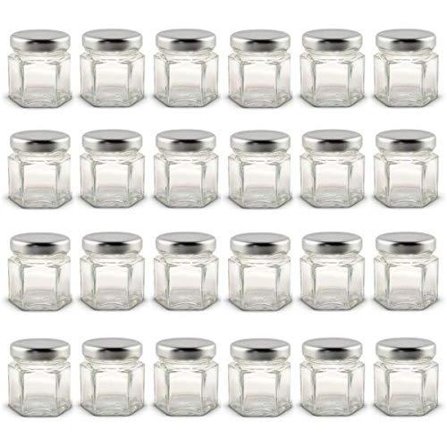 1.5 oz Hexagon Mini Glass Jars with Silver Lids and Labels (Pack of 24)