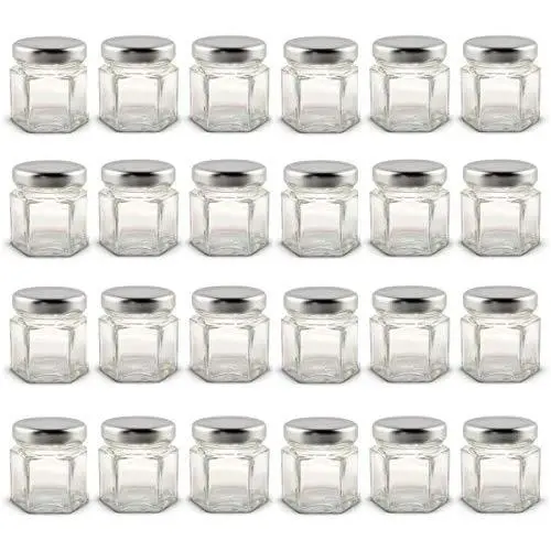 1,5 oz Hexagon Mini Glasbehälter mit Silberverschlüssen und Etiketten (Pack von 24)