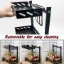 Ctystallove 3 Tier Metal Kitchen Spice Rack Countertop Standing Corner Shelf Removable Seasoning Organizer Jars Bottle Storage Knife Utensils Holder with 3 Hooks, Black