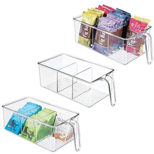 mDesign Plastic Kitchen Pantry Cabinet Refrigerator Food Storage Organizer Bin Holder with Handle - for Organizing Individual Packets, Snacks Food, Produce, Pasta - Medium, 3 Pack - Clear