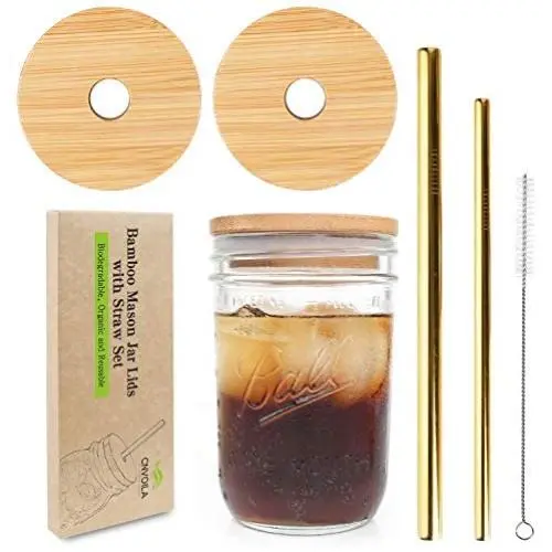 Mason Jar Lids with Straw Hole, ECO Reusable Bamboo Mason Jar Lids for Wide Mouth Mason Jar with 2 Reusable Stainless Steel Straw - 2 LIDS &Golden Straw Mason Jar Lids with Straw Hole, ECO Reusable Bamboo Mason Jar Lids for Wide Mouth Mason Jar with 2 Reusable Stainless Steel Straw - 2 LIDS &Golden Straw