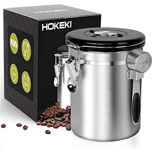 Airtight Coffee Canister, HOKEKI Stainless Steel Container for the Kitchen, Coffee Ground Vault Jar With One Way Co2 Valve And Scoop, Tea Coffee Sugar, Extra Coffee Spoon, 16 oz (Stainless Steel)