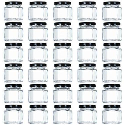 Tebery 1.5oz Mini Hexagon Glass Jars with Black Plastisol Lined Lids and Labels (Pack of 30)