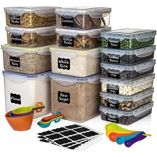 28-teiliges Set [14 Stück] luftdichte Lebensmittelbehälter – Kunststoff BPA-frei für Küche, Pantry-Lagerung von Zucker, Mehl & Backzutaten – Geschirrspülergeeignet + 14 Messbecher & Messlöffel + Etiketten + Stift
