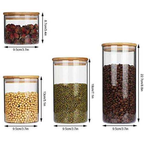 Food Storage Containers Set,4pc Airtight Glass Food Storage Jars Canister Kitchen ContainerSet with Bamboo Lid and Silicone Washer Glass Preservation Jar for Candy, Cookie, Rice, Sugar, Flour, Pasta