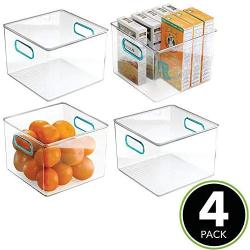 mDesign Plastic Food Storage Container Bin with Handles for Kitchen, Pantry, Cabinet, Fridge/Freezer - Cube Organizer for Snacks, Produce, Vegetables, Pasta - BPA Free, Food Safe - 4 Pack, Clear/Blue