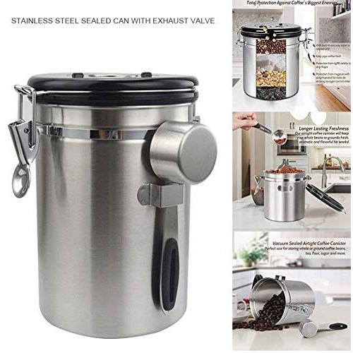 Kitchen Stainless Steel Hermetic Coffee Jar,Measuring Spoon Included,Vacuum Stainless Steel Coffee Container with Date Tracker,Exhaust Switch
