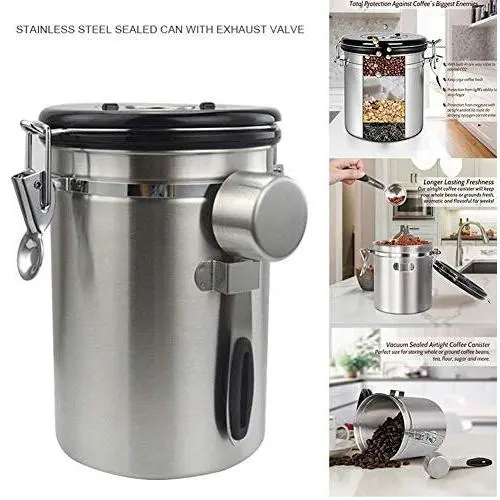 Kitchen Stainless Steel Hermetic Coffee Jar,Measuring Spoon Included,Vacuum Stainless Steel Coffee Container with Date Tracker,Exhaust Switch