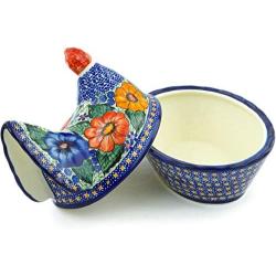 Polish Pottery 7?-inch Hen Shaped Jar (Bold Pansy Theme) Signature UNIKAT + Certificate of Authenticity