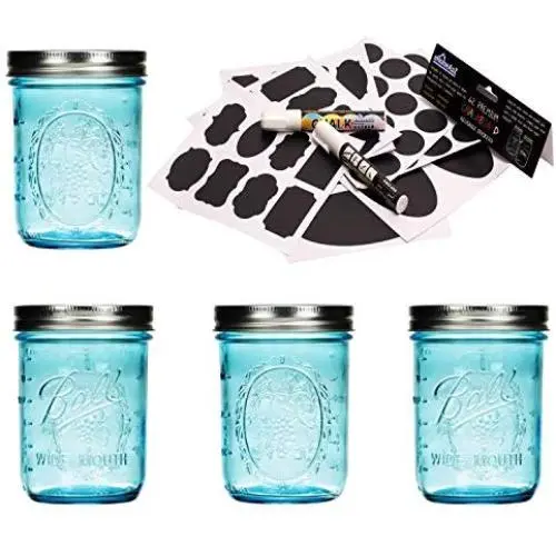 Collection de 4 bocaux en verre Ball Mason de 16 oz Bleu Azur avec EhomeA2Z 62 Stickers de Tableau Blanc Réutilisables Premium + 2 Gros Marqueurs Effaçables (16 oz Bouche Large, Bleu Azur) Collection de 4 bocaux en verre Ball Mason de 16 oz Bleu Azur avec EhomeA2Z 62 Stickers de Tableau Blanc Réutilisables Premium + 2 Gros Marqueurs Effaçables (16 oz Bouche Large, Bleu Azur)