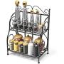 Spice Rack, iSPECLE 2-Tier Foldable Shelf Rack Kitchen Bathroom Countertop, 2-Tier Standing Storage Organizer Spice Jars Bottle Shelf Holder Rack -Black