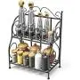 Spice Rack, iSPECLE 2-Tier Foldable Shelf Rack Kitchen Bathroom Countertop, 2-Tier Standing Storage Organizer Spice Jars Bottle Shelf Holder Rack -Black