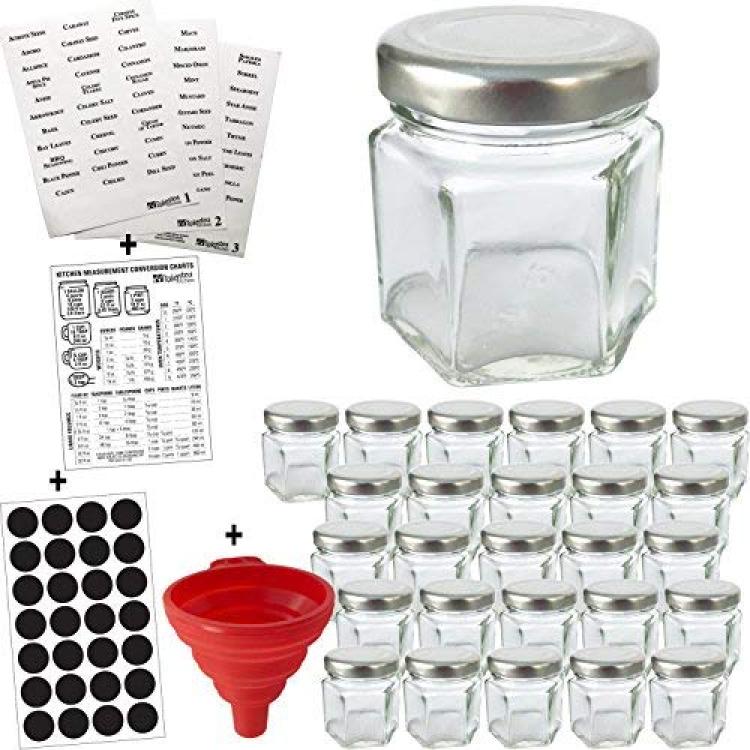 14 Glass Spice Jars w/2 Types of Preprinted Spice Labels. Commercial Grade,  Complete Set: 14 Square Empty Jars 4oz, Pour/Sift & Coarse Shakers,  Airtight Cap, Chalkboard & Clear Labels