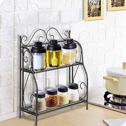 Ama-store 2-Tier Organizer Rack, Wire Basket Storage Container Countertop Shelf Kitchen Counter Spice Rack Jars Bottle Shelf Organizer Rack, Cosmetic Jars Bottles, Black