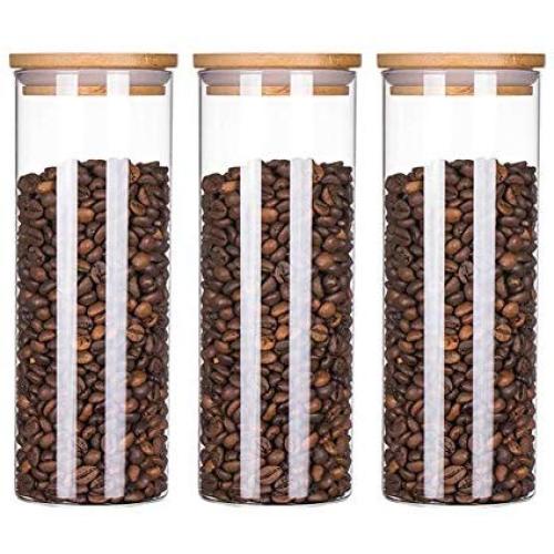 ALXDR Clear Glass Food Storage Containers for Tea, Coffee Beans, Candy, Cookie, 1000Ml 3 Packs Glass Jars with Airtight Bamboo Lid