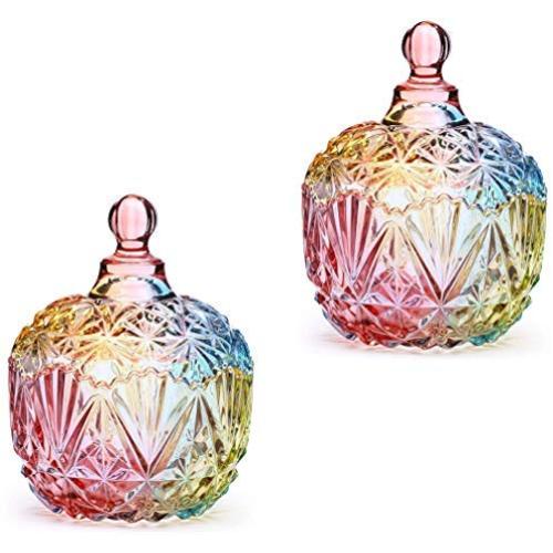 2 Pcs Colorful Glass Candy Jar with Lid Decorative Candy Bowl Crystal Covered Storage Jar