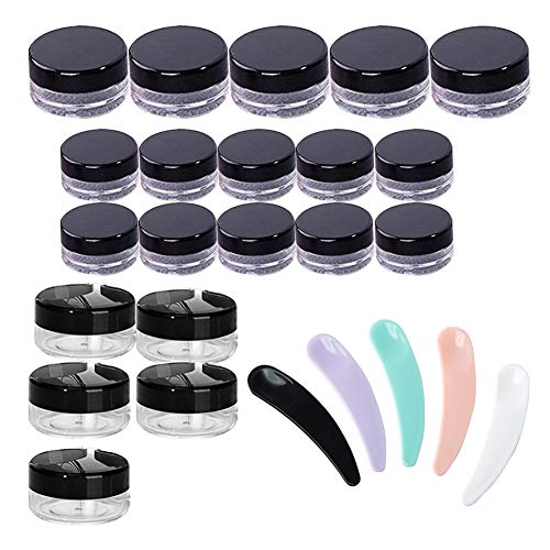 Round Clear Jars with Lids, 20 Pack 3/5/10 Gram Cosmetic Travel Containers Sample Containers Small Plastic Container for Lip Balms, Creams, Make Up, Cosmetics, Samples(Black, with Makeup Spoon)