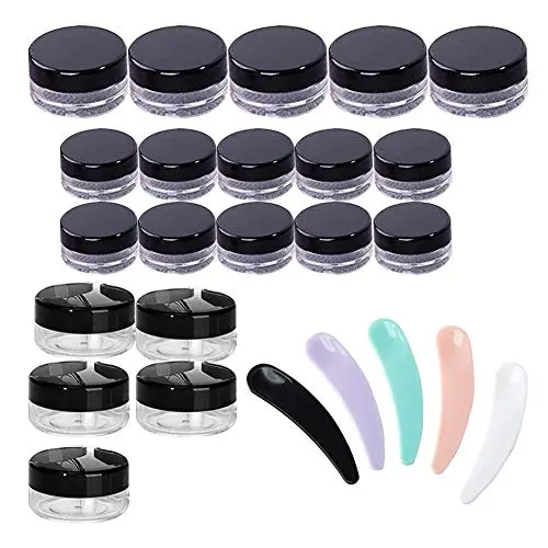 Klare Runden Glaskaraffen mit Deckeln, 20er Set – 3/5/10g Kosmetik Reisebehälter, Probenbehälter, kleine Kunststoffbehälter für Lippenbalsam, Cremes, Make-up, Kosmetik, Proben (Schwarz, mit Make-up-Löffel)