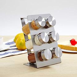 Blusea Countertop Spice Rack, 304 Stainless Steel 6-Jar Tilted Seasoning Storage Organizer, Cruet Glass Bottle Set Condiment Holder for Kitchen