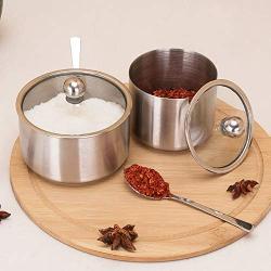 Seasoning Jar, Maserfaliw Seasoning Jar Bowl Kitchen Condiments Pot Spice Container with Lid and Spoon - Silver Medium, Recyclable, Suitable For Holiday Gifts In The Outing and Indoors.