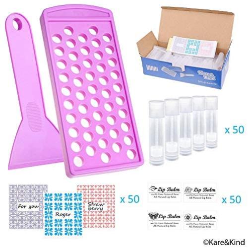 Lip Balm Crafting Kit - Lip Balm Filling Tray and Spatula - BPA Free - 50 Empty Lip Balm Tubes with Caps (Clear) - 3/16 Oz (5.5 ml) - 50 Writeable and 50 Printed Stickers - Make Natural Lip Balm - DIY